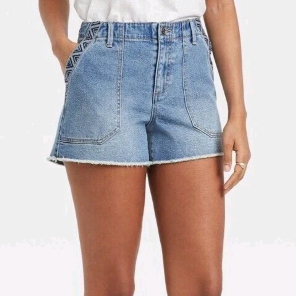 3/$30Knox Rose Embroidered CutOff  LightBlue Denim Shorts with Geometric Detail